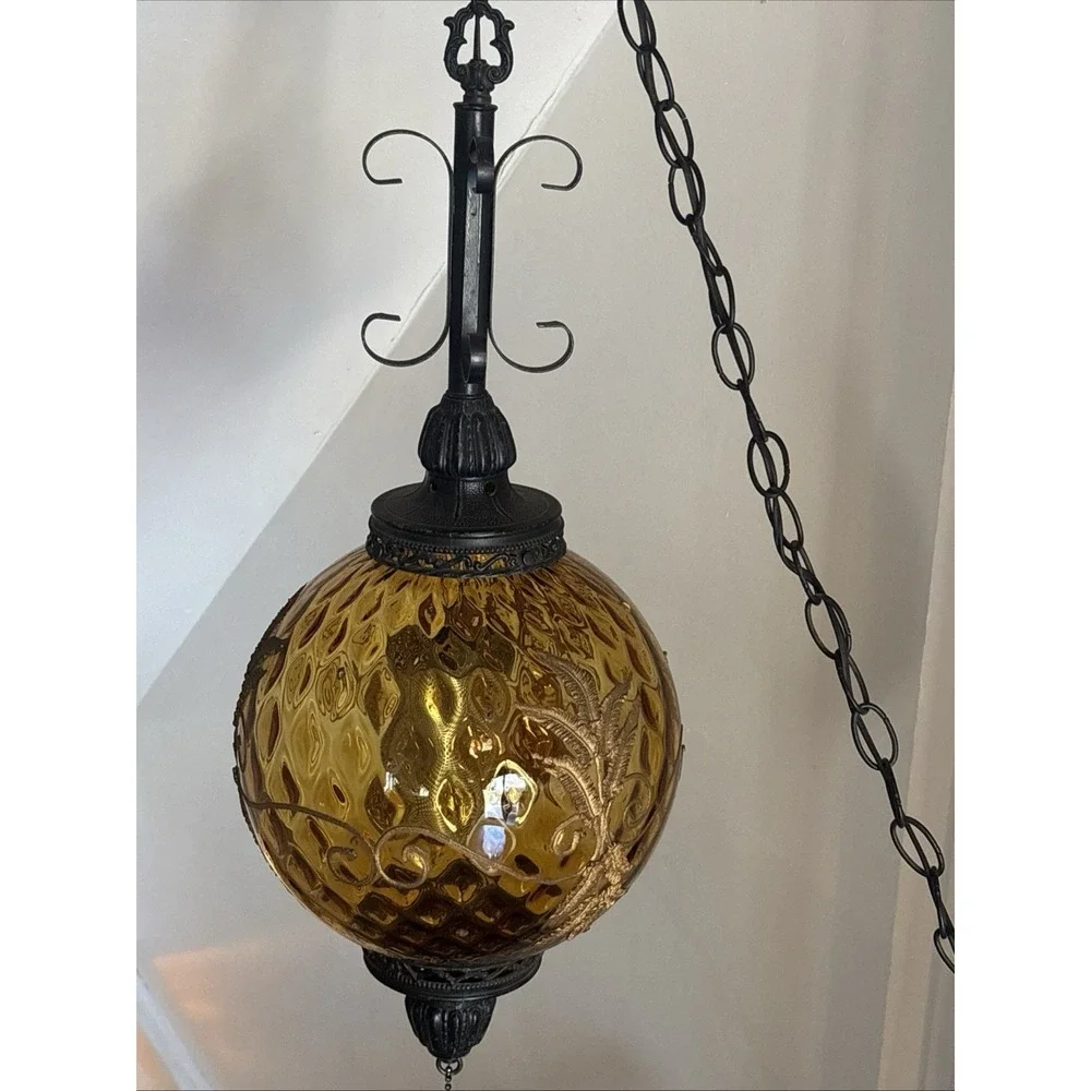 Vintage Large Amber Glass MCM  Hanging Swag Lamp Light W/ Chain